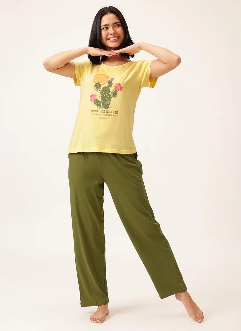 Clovia Yellow Clovia Graphic & Text Print T-shirt in Light Yellow & Pyjama in Olive Green Set - 100% Cotton for Women | Best Price UAE