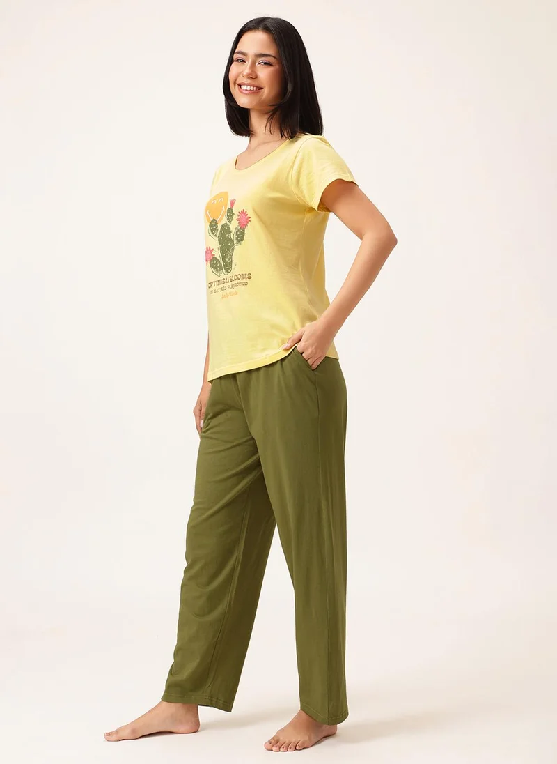 Clovia Yellow Clovia Graphic & Text Print T-shirt in Light Yellow & Pyjama in Olive Green Set - 100% Cotton for Women | Best Price UAE