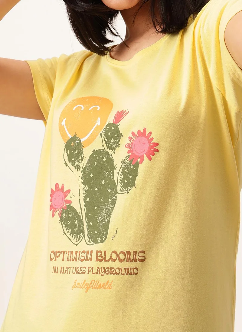 Clovia Yellow Clovia Graphic & Text Print T-shirt in Light Yellow & Pyjama in Olive Green Set - 100% Cotton for Women | Best Price UAE