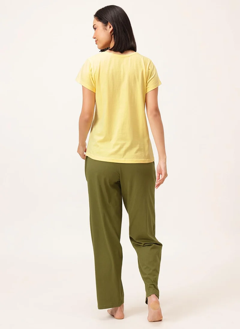 Clovia Yellow Clovia Graphic & Text Print T-shirt in Light Yellow & Pyjama in Olive Green Set - 100% Cotton for Women | Best Price UAE