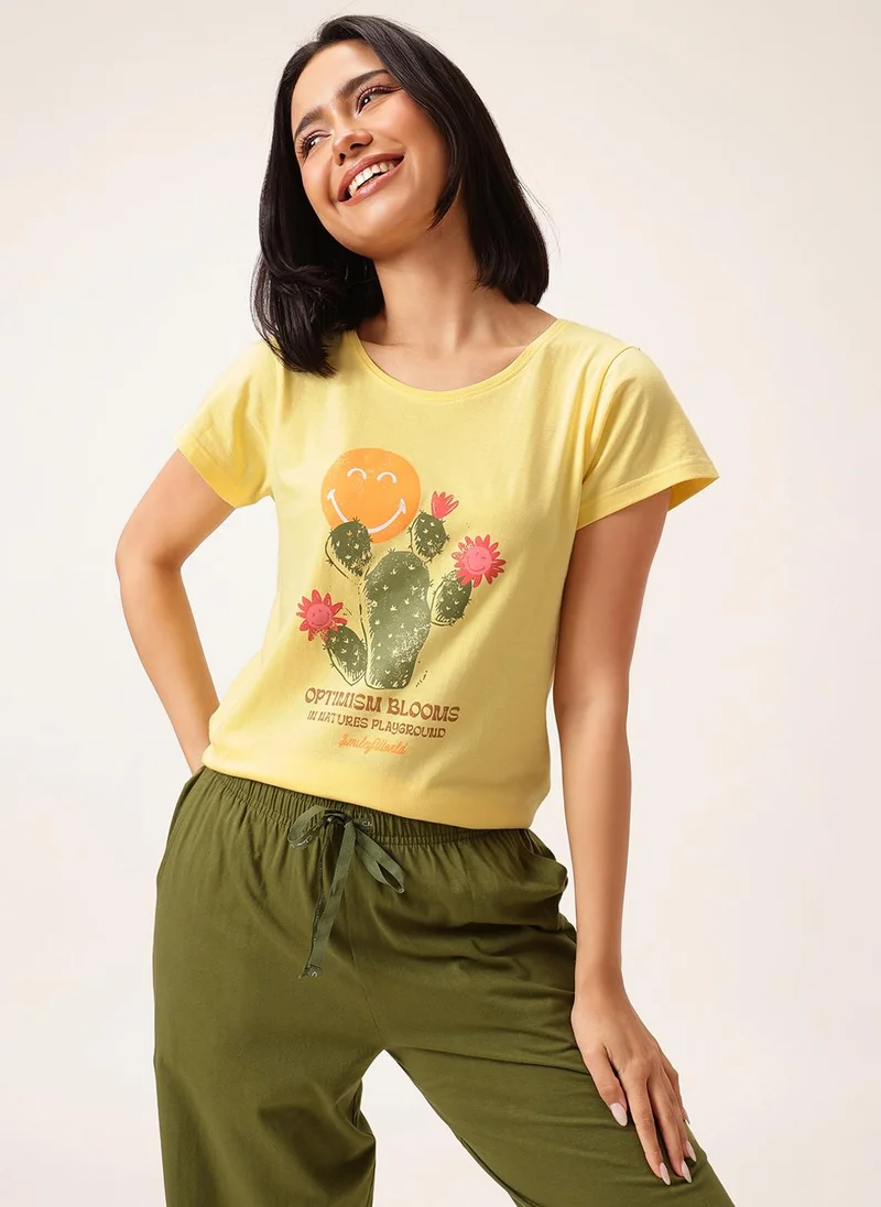 Clovia Yellow Clovia Graphic & Text Print T-shirt in Light Yellow & Pyjama in Olive Green Set - 100% Cotton for Women | Best Price UAE