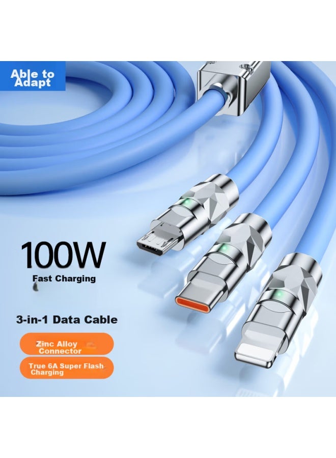 CAN Fit 3-in 100w Data Cable, One-to Usb Cable, Suitable For Apple, Huawei, Honor, Vivo, Xiaomi, 6a Fast Charging, Tablet Charger, Car Charger, 2 Meters, Blue - Image 1