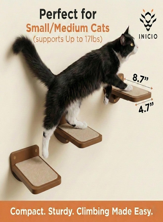 INICIO Cat Wall Stairs - Set of 3 Wall Steps for Cats to Climb with Fixtures, 8.7"x4.7" - Floating Steps for Climbing or Playing - for Kittens and Adult Cats, Dark Brown - Image 2