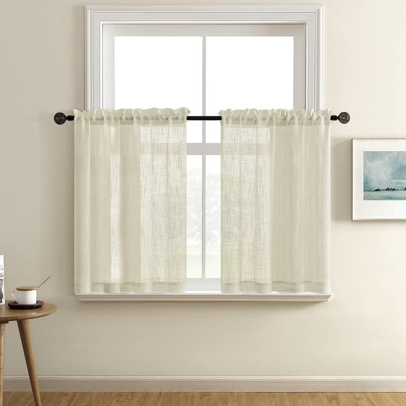 XTMYI Linen Kitchen Curtains 36 Inch Length Half Window Neutral Casual Faux Linen Look Rod Pocket Cafe Short Semi Sheer Beach Curtains for Bathroom Small Window Treatment Tier Natural BeigeTan