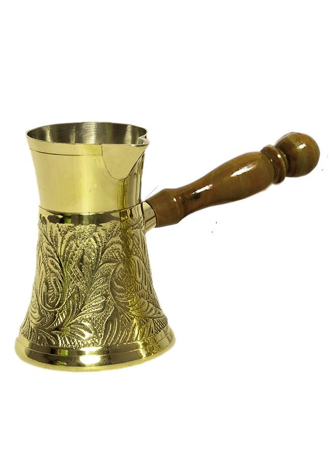 Majestic Brass Turkish Coffee Pot – Capacity: 200 ml (Medium Size), Embossed Design, Golden Color – Handcrafted with Wooden Handle, Perfect for Turkish Coffee, Arabic Coffee, Tea, Milk, and Hot Beverages - Image 1