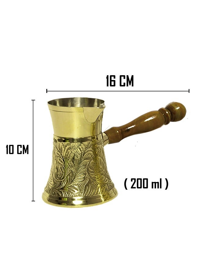 Majestic Brass Turkish Coffee Pot – Capacity: 200 ml (Medium Size), Embossed Design, Golden Color – Handcrafted with Wooden Handle, Perfect for Turkish Coffee, Arabic Coffee, Tea, Milk, and Hot Beverages - Image 4
