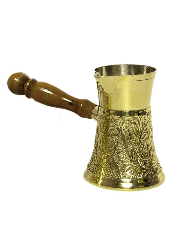 Majestic Brass Turkish Coffee Pot – Capacity: 200 ml (Medium Size), Embossed Design, Golden Color – Handcrafted with Wooden Handle, Perfect for Turkish Coffee, Arabic Coffee, Tea, Milk, and Hot Beverages - Image 5