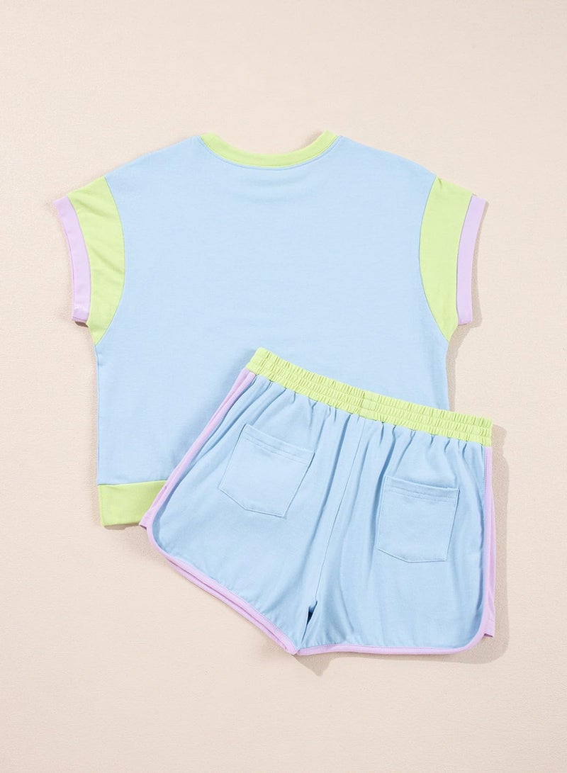 blibean Teens Girls Summer Clothes Sets Big Kid Short Sleeve Matching Outfit Tween Cute 2pc Shirt Shorts Beach Clothing Pockets Tshirts Tops Dress Rompers Size 10-11 Years Old Light Blue - Image 5