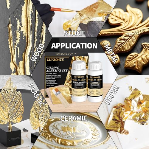 LUVBOATE Gilding Adhesive Set, LUVBOATE Gold Leaf Kit, 3.53oz Water Based Adhesive and 3.53oz Varnish with Gold Leaf Sheet 100 pcs, Gold Foil Set for Arts, Craft, Painting, Furniture and Decoration - Image 3