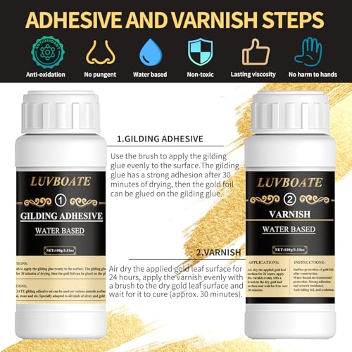 LUVBOATE Gilding Adhesive Set, LUVBOATE Gold Leaf Kit, 3.53oz Water Based Adhesive and 3.53oz Varnish with Gold Leaf Sheet 100 pcs, Gold Foil Set for Arts, Craft, Painting, Furniture and Decoration - Image 5