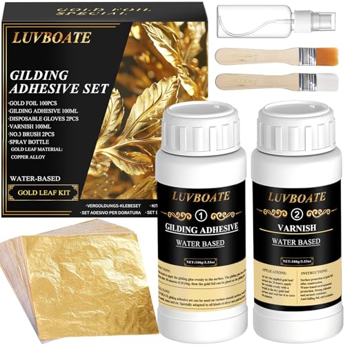 LUVBOATE Gilding Adhesive Set, LUVBOATE Gold Leaf Kit, 3.53oz Water Based Adhesive and 3.53oz Varnish with Gold Leaf Sheet 100 pcs, Gold Foil Set for Arts, Craft, Painting, Furniture and Decoration - Image 1