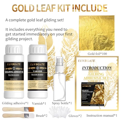 LUVBOATE Gilding Adhesive Set, LUVBOATE Gold Leaf Kit, 3.53oz Water Based Adhesive and 3.53oz Varnish with Gold Leaf Sheet 100 pcs, Gold Foil Set for Arts, Craft, Painting, Furniture and Decoration - Image 2