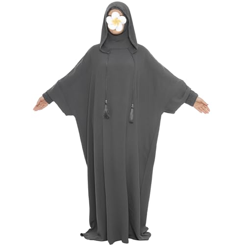 khalat Muslim Prayer Dress Abaya Solid One-Piece Hoodie Abaya Dress for Women Long Maxi Dress Islamic Dubai Jilbab Dark Gray - Image 4