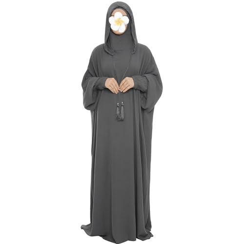 khalat Muslim Prayer Dress Abaya Solid One-Piece Hoodie Abaya Dress for Women Long Maxi Dress Islamic Dubai Jilbab Dark Gray - Image 1