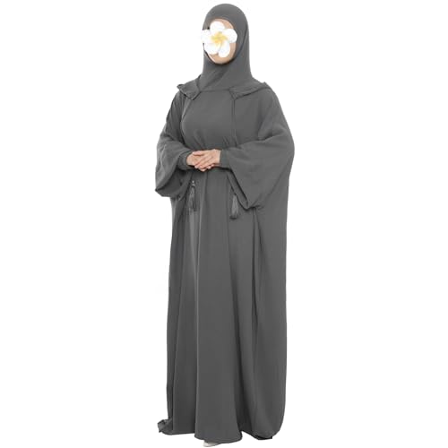 khalat Muslim Prayer Dress Abaya Solid One-Piece Hoodie Abaya Dress for Women Long Maxi Dress Islamic Dubai Jilbab Dark Gray - Image 3