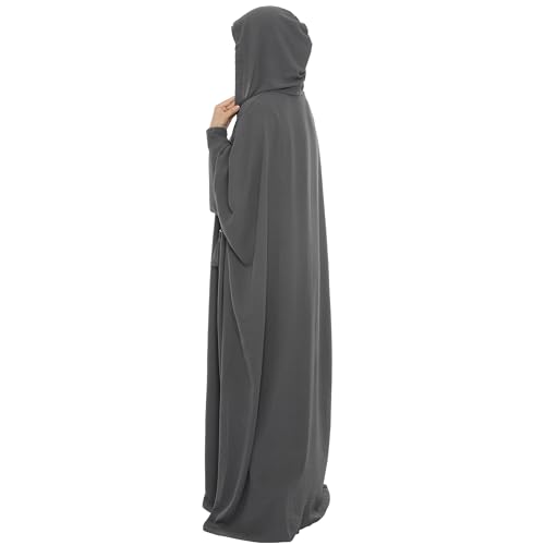 khalat Muslim Prayer Dress Abaya Solid One-Piece Hoodie Abaya Dress for Women Long Maxi Dress Islamic Dubai Jilbab Dark Gray - Image 2