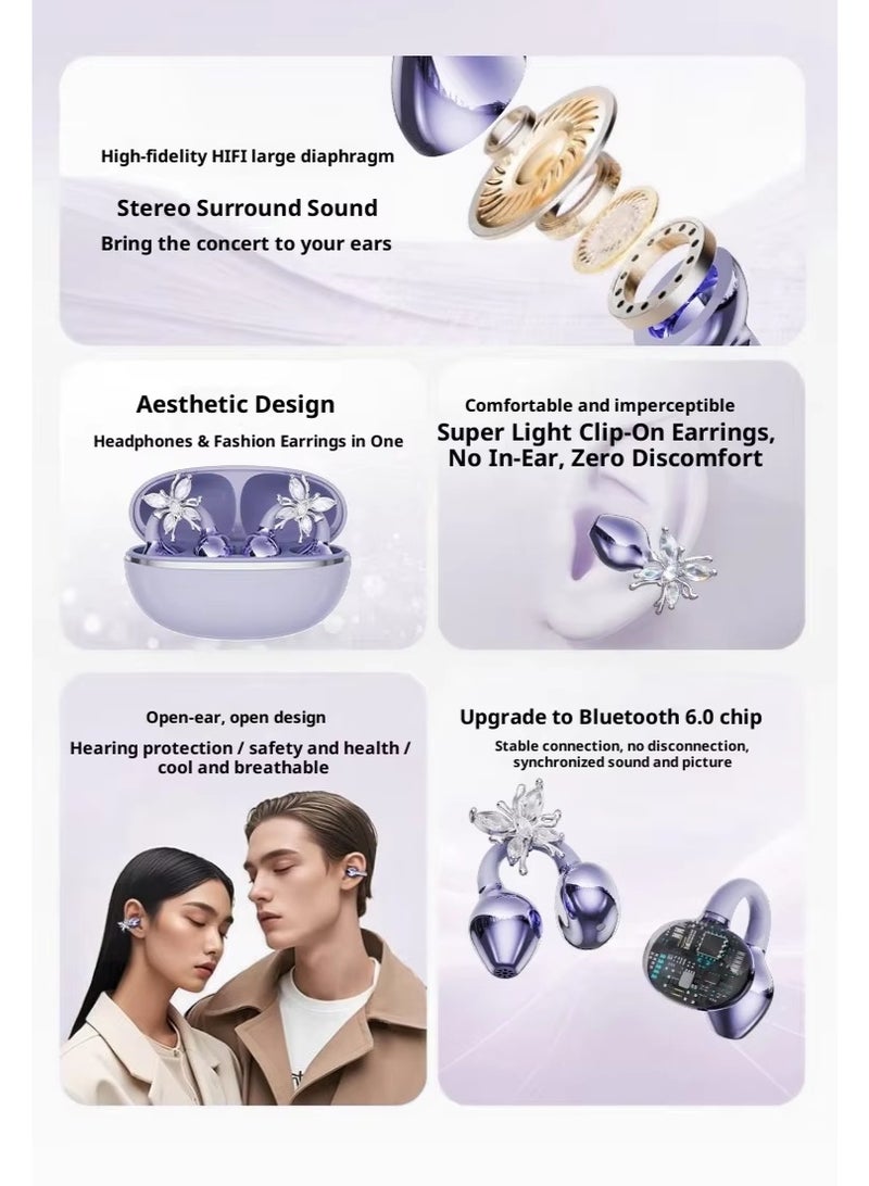 Jliyru Clip On Earbuds Open Ear Wireless Headphones with Crystal Earrings, Secure Fit Comfortable Painless Ear Clip Earbuds, 50H Playtime - Image 3