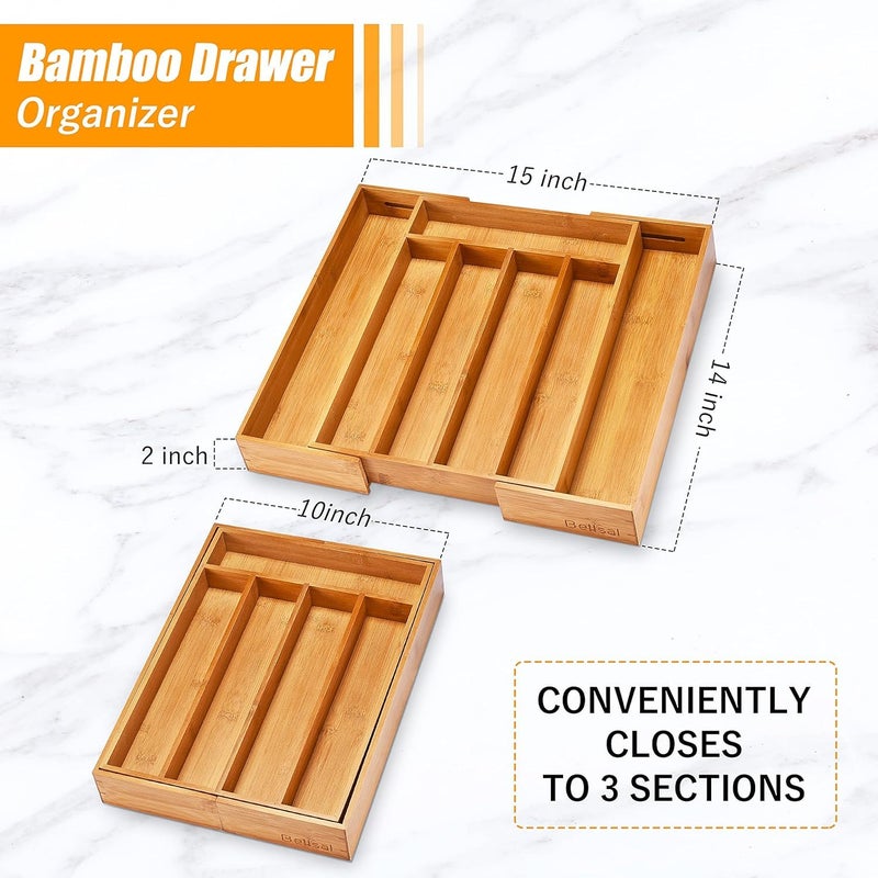 Bellsal Kitchen Silverware Drawer Organizer and Storage Flatware Cutlery Utensil Holder Spice Rack Containers Bathroom Counter Cabinet Office Desk Makeup Drawer Tray Kitchen and Dining Tools Decor Accessories - Image 3