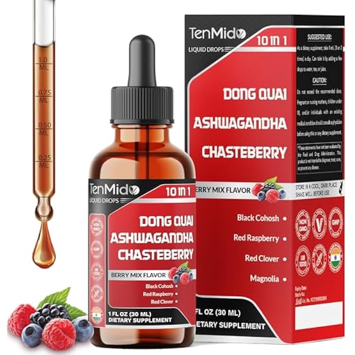 Tenmido 10in1 Liquid Dong Quai Supplement for Women with Ashwagandha, Chasteberry, Black Cohosh, Red Clover, Magnolia, Red Raspberry, Hops Flower, Lemon Balm, and Ginger - 30ml 1 Fl Oz - Image 1