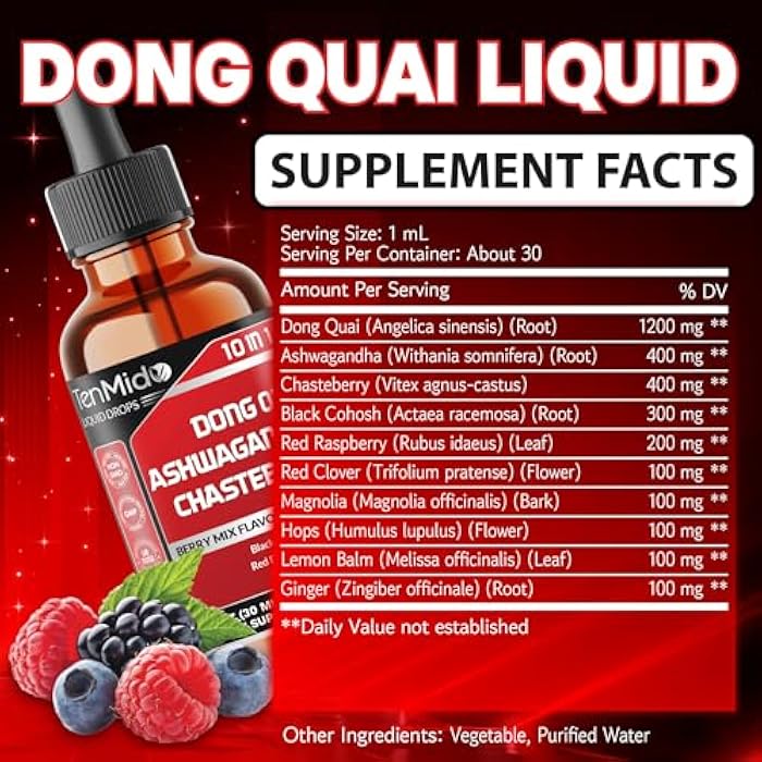 Tenmido 10in1 Liquid Dong Quai Supplement for Women with Ashwagandha, Chasteberry, Black Cohosh, Red Clover, Magnolia, Red Raspberry, Hops Flower, Lemon Balm, and Ginger - 30ml 1 Fl Oz - Image 2