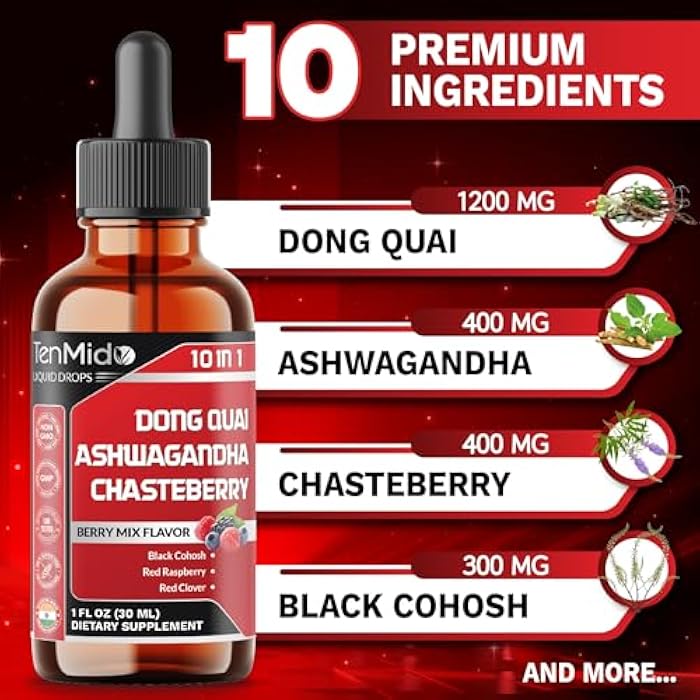 Tenmido 10in1 Liquid Dong Quai Supplement for Women with Ashwagandha, Chasteberry, Black Cohosh, Red Clover, Magnolia, Red Raspberry, Hops Flower, Lemon Balm, and Ginger - 30ml 1 Fl Oz - Image 3