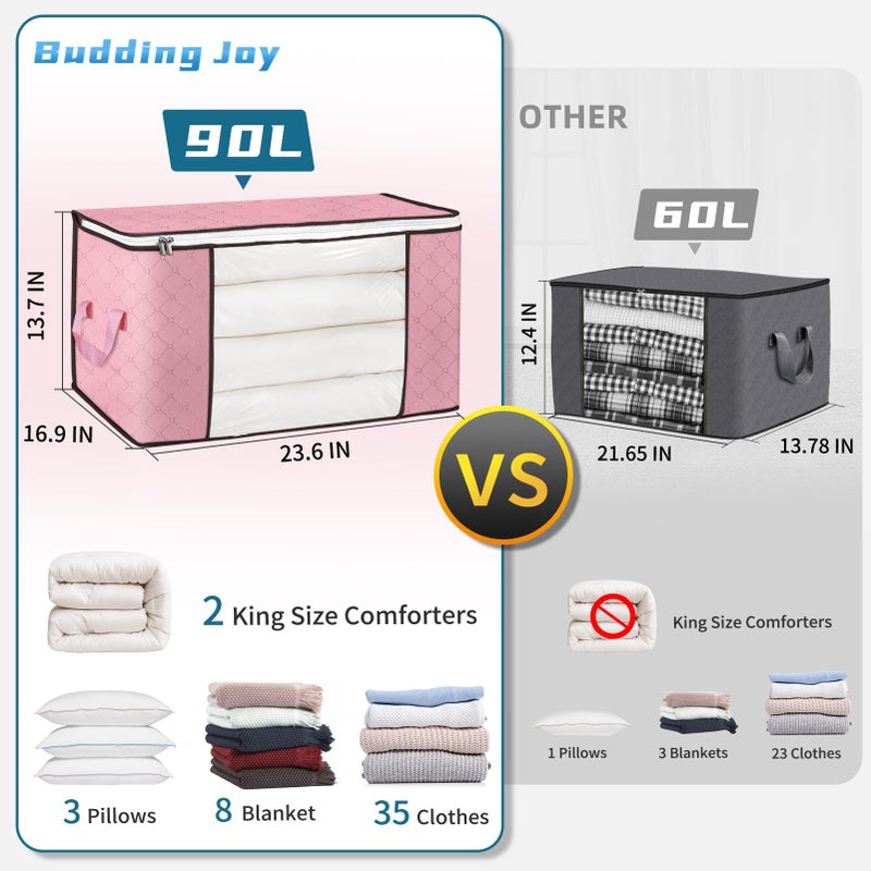 Budding Joy 90 L Large Storage Bags, 6 Pack Clothes Bins Foldable Closet Organizer Containers for Blanket, Comforters, Bed Sheets, Pillows (Pink) - Image 2