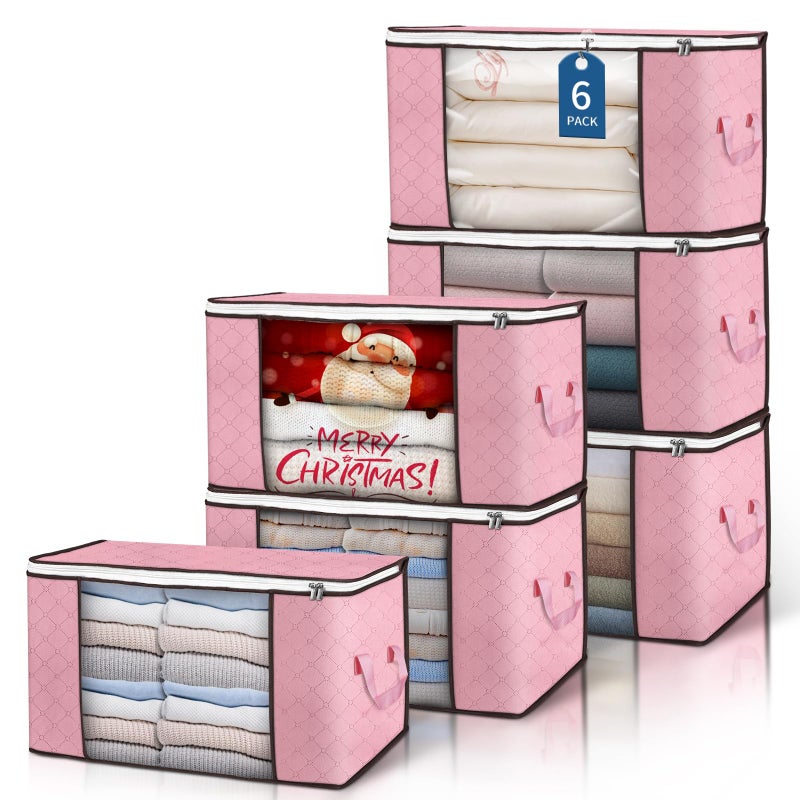 Budding Joy 90 L Large Storage Bags, 6 Pack Clothes Bins Foldable Closet Organizer Containers for Blanket, Comforters, Bed Sheets, Pillows (Pink) - Image 1