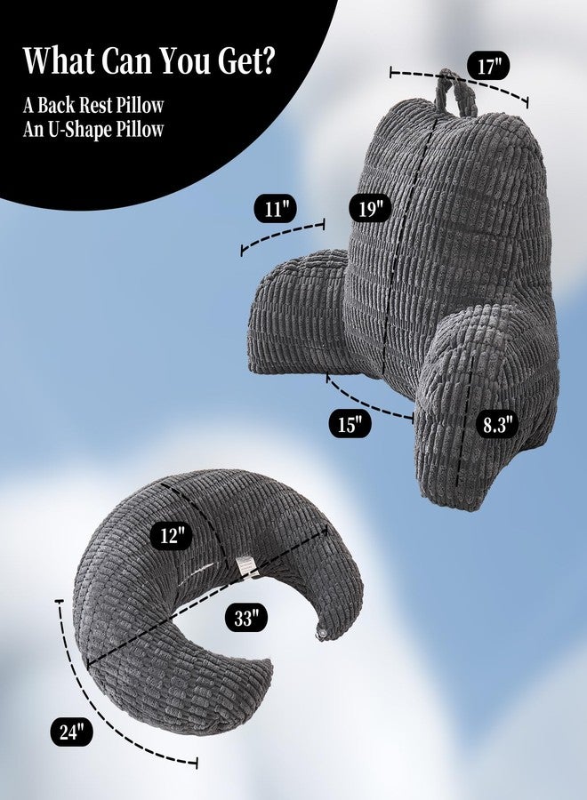 PAJEO Back Pillow for Bed Sitting Up,U Shaped & Back Support Pillow for Bed,19" Backrest with Lumbar&Arm Support,Comfy Corduroy Fabric,Lap Pillow for Gaming/Reading/Watching TV,Grey - Image 3