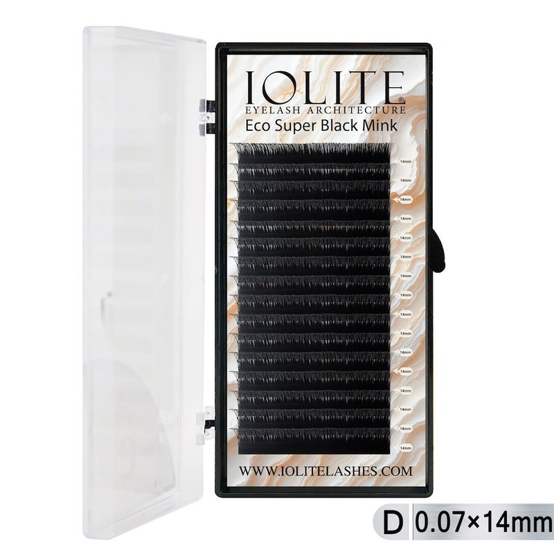 Iolite Super Black Mink Lash Extension – D Curl 0.7T Mix (6mm–15mm) | Premium Black Mink Eyelash Extension Tray for Lash Artists ISBMD7T - 14MM