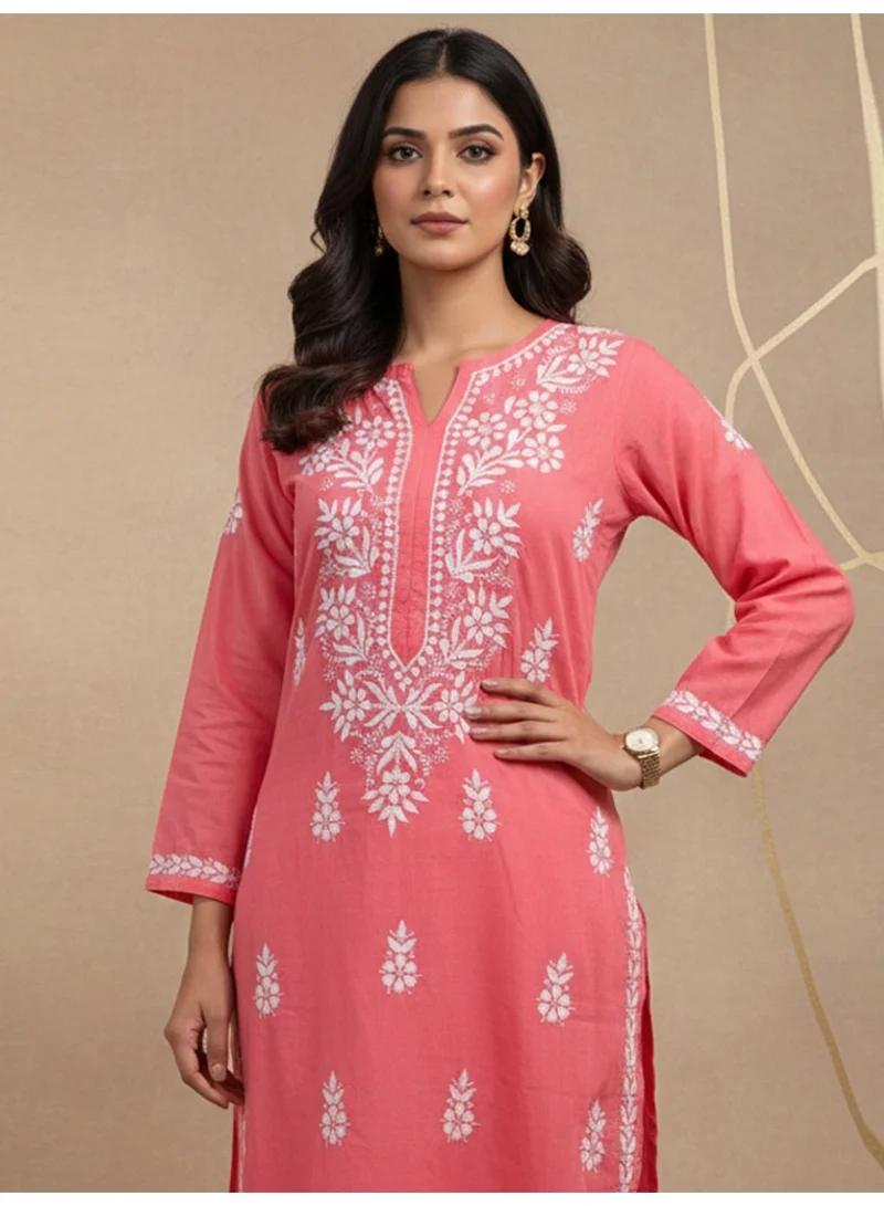 Alaya Coral Women Hand Embroidered Chikankari Cotton Kurta Set-AL4107KS for Women | Best Price UAE