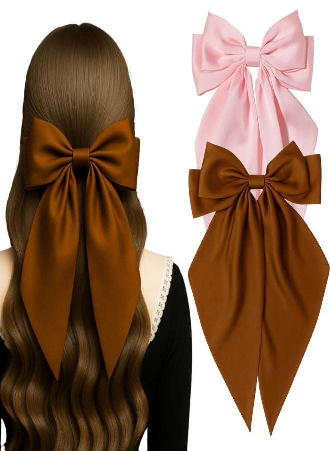 ANNACREATIONS ANNA CREATIONS 2-Pack Large Satin Bow Hair Barrette Clips for Women & Girls - Strong Hold, Long Tail Hair Accessories for Parties, Weddings Wear & Gifting (Pink-Brown) - Image 1