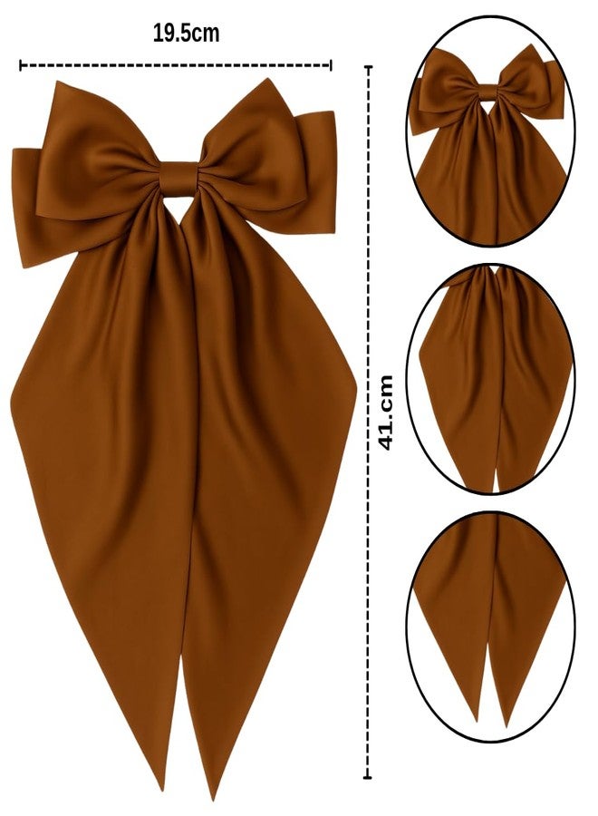 ANNACREATIONS ANNA CREATIONS 2-Pack Large Satin Bow Hair Barrette Clips for Women & Girls - Strong Hold, Long Tail Hair Accessories for Parties, Weddings Wear & Gifting (Pink-Brown) - Image 2