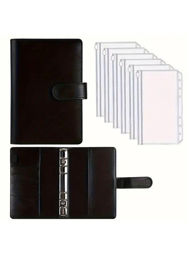 6pcs A6 Green Ring Binder with Removable Cover Loose Leaf Notebook Zipper Envelopes and Pockets Faux PU Leather Creative Stationery Organizer for Rings Cash Budgeting Accessories - Image 1