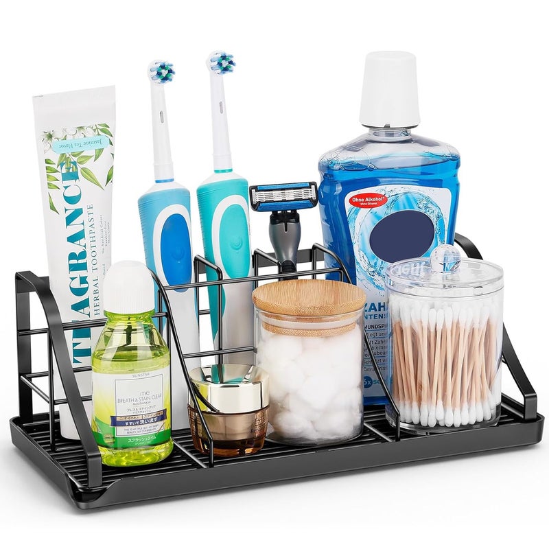 Chintu Bathroom Countertop Organizer - Detachable 7 Slots Kids Electric Black Toothbrush and Toothpaste Holder Drainage Tray for Bathroom Accessories Organization Counter Vanity Sink Storage - Image 1