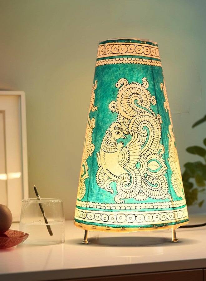 SHILP KATHA Handicraft Leather Table Lamp for Home Decoration | Handmade Side Table Lamp Shade for Bedroom Decor | Decorative Festival Gift for Living Room, Desk, Spiritual Décor | Peacock Spread - Image 1