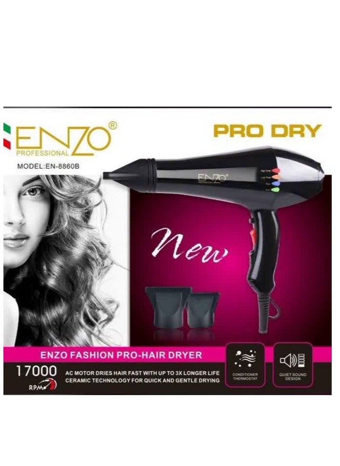ENZO - Hair Dryer EN-8860B for women, 6000 watts, equipped with cold air and hot air, a system that protects hair from high heat, with two speed settings and two settings to control the temperature at home or in the hairdressing salon. - Image 1