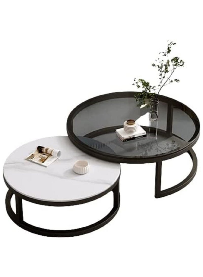 AGD Modern Nesting Round Coffee Table Set of 2 Pieces for Living Room Balcony Garden Etc, Round Coffee Table with Solid Metal Frame Black/White - Image 1