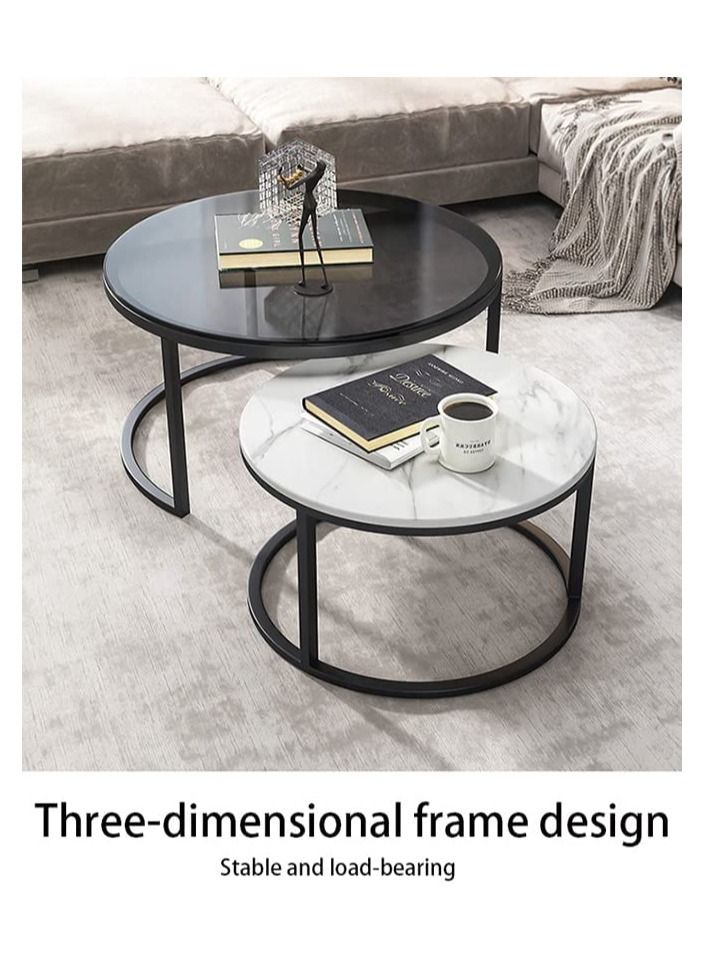 AGD Modern Nesting Round Coffee Table Set of 2 Pieces for Living Room Balcony Garden Etc, Round Coffee Table with Solid Metal Frame Black/White - Image 5