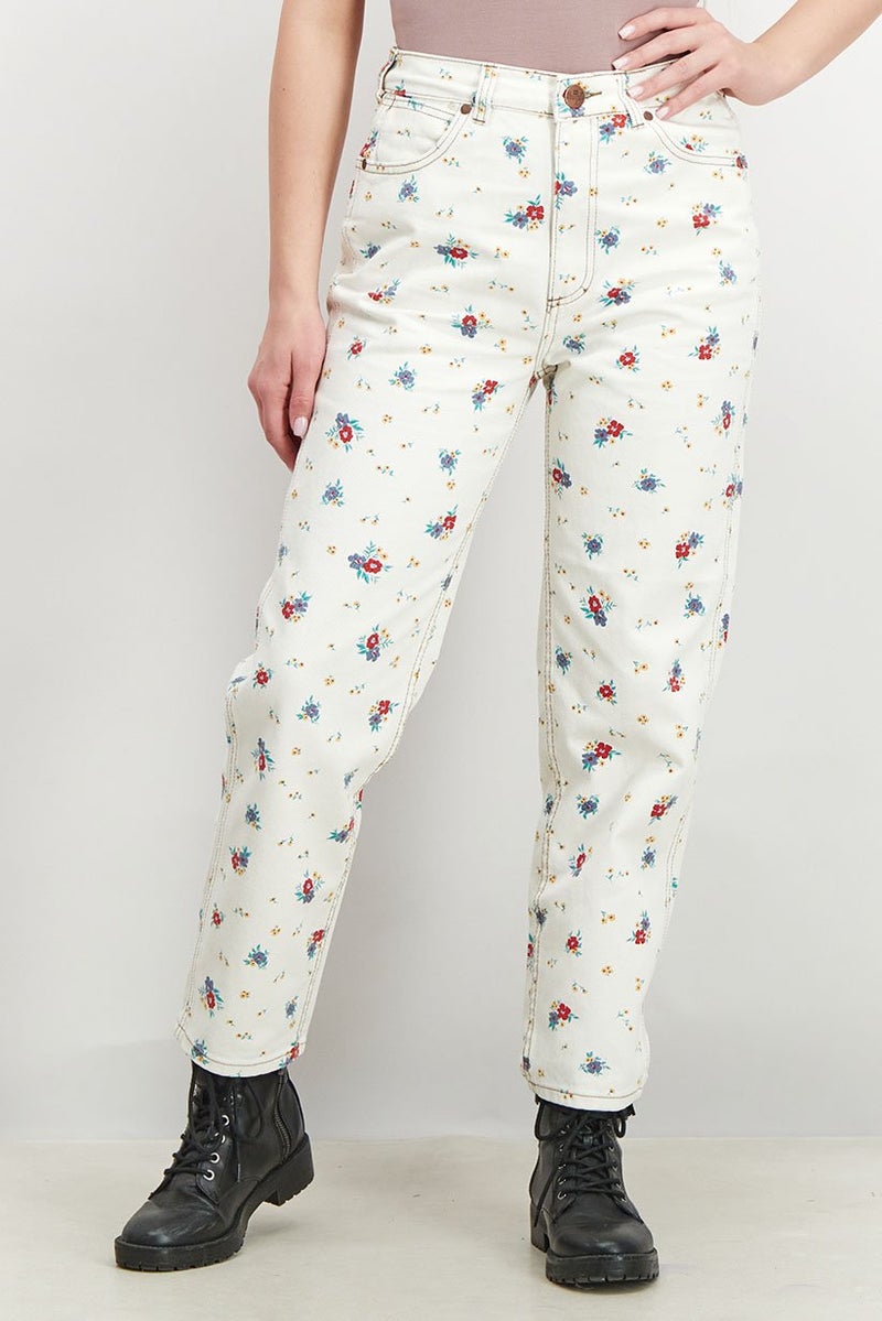 Billabong Women Regular Fit Floral Print Non,Stretchable Straight Jeans, Cream - Image 1