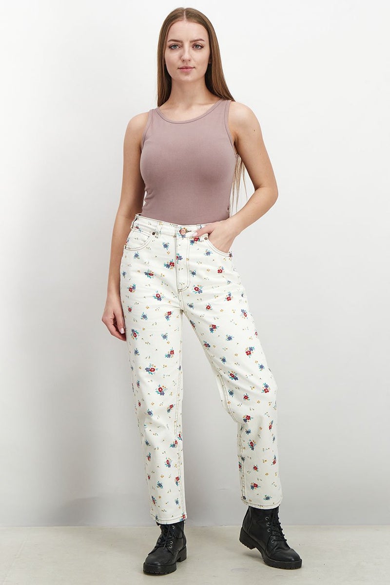 Billabong Women Regular Fit Floral Print Non,Stretchable Straight Jeans, Cream - Image 4