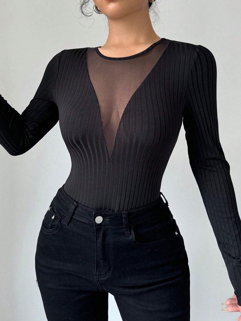 New Style Women's Sexy Front Chest Mesh Patchwork Hollow-Out Solid Color Long-Sleeve T-Shirt Slimming Top