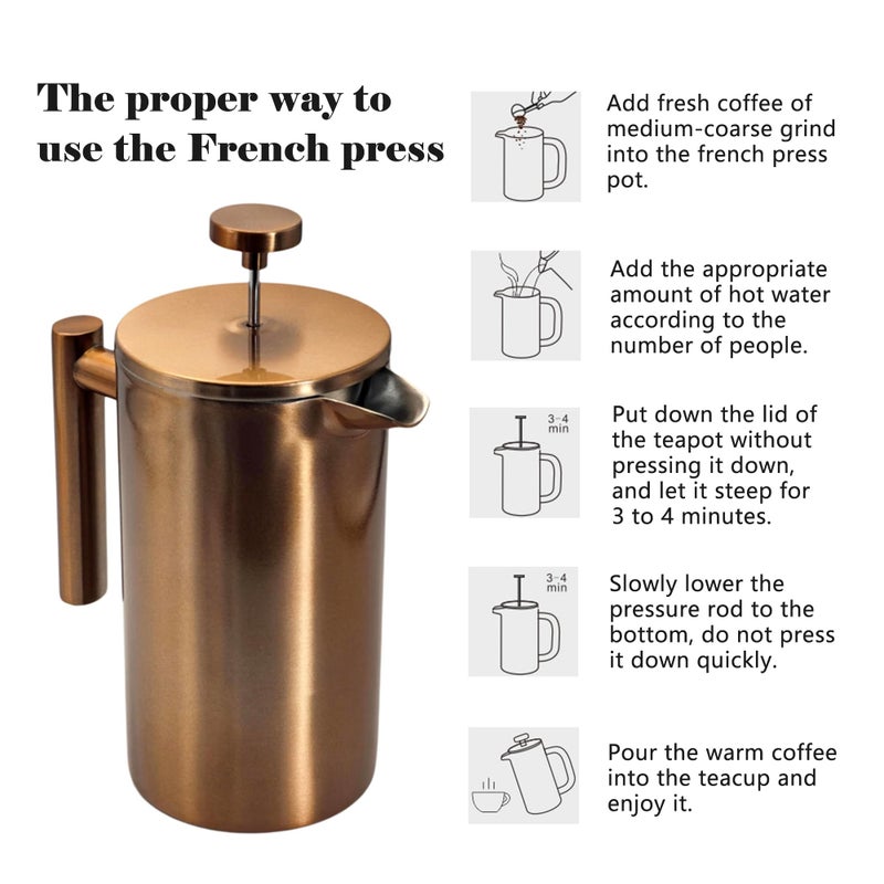 YJX 34oz Coffee Maker, Stainless Steel French Press, 1 Liter Camping Coffee Pot, Tea Maker, 34 Ounce Travel Coffee Presses, Heat Resistant Double Insulated (Coppery) - Image 4