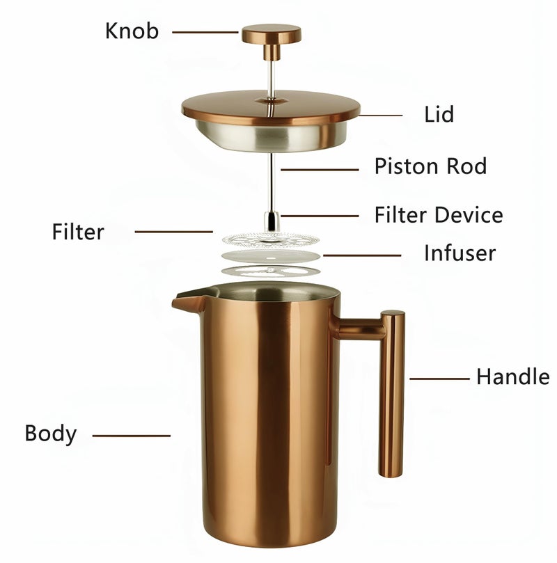 YJX 34oz Coffee Maker, Stainless Steel French Press, 1 Liter Camping Coffee Pot, Tea Maker, 34 Ounce Travel Coffee Presses, Heat Resistant Double Insulated (Coppery) - Image 5