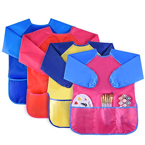 KUUQA 4Pcs Waterproof Kids Play Art Smock, Children's Painting Aprons with Long Sleeve and 3 Pockets for Painting, Feeding，Age 2-6 Years (Paints And Brushes Not Included) - Image 1