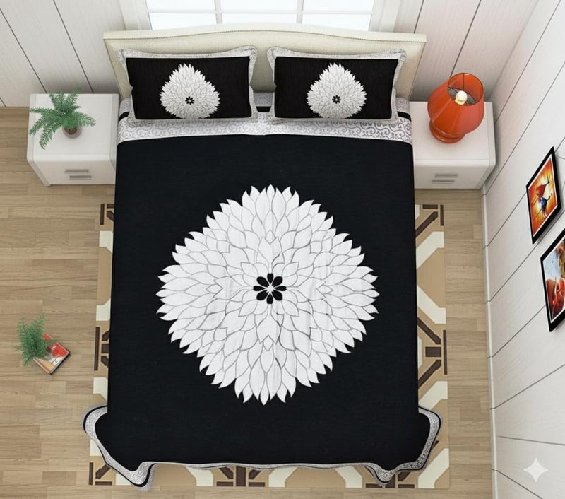 Fresh From Loom Chenille Velvet Floral 500 TC Heavy Bedsheet for Double Bed King Size - 90 x 100 inch Black Color with 2 Pillow Covers - Image 2