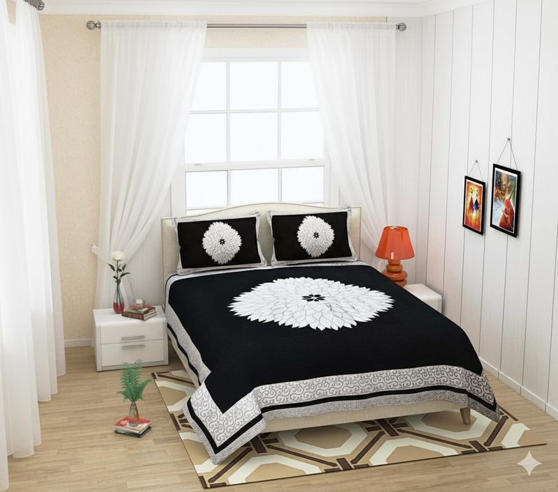 Fresh From Loom Chenille Velvet Floral 500 TC Heavy Bedsheet for Double Bed King Size - 90 x 100 inch Black Color with 2 Pillow Covers - Image 5
