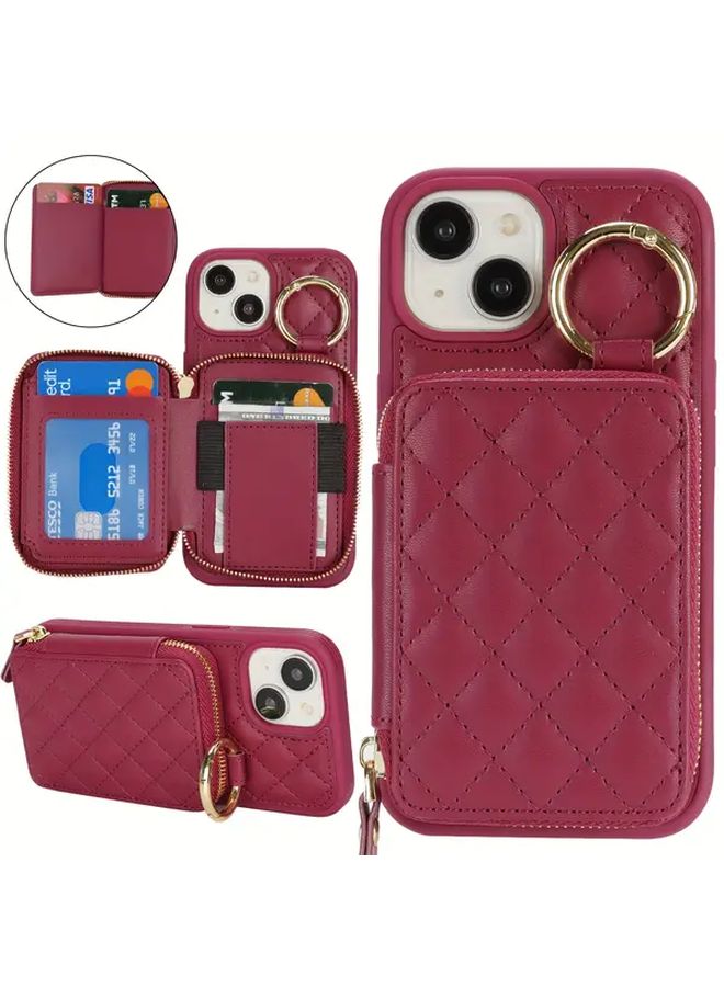 Rose Red iPhone 13 حافظة هاتف بمكان للبطاقات وحجرة سحاب وحلقة حامل - Image 1