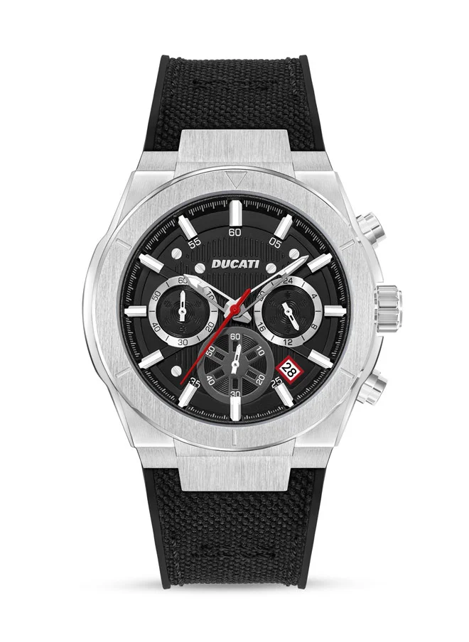 Ducati DT004 Men's 43.5mm Chronograph Watch with Silver Accents, Black Textured Dial & Genuine Leather Strap
