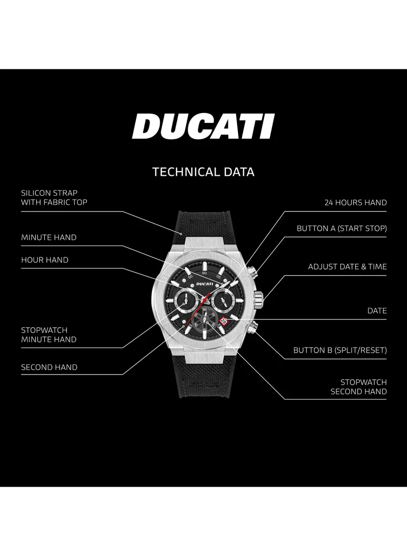 Ducati DT004 Men's 43.5mm Chronograph Watch with Silver Accents, Black Textured Dial & Genuine Leather Strap