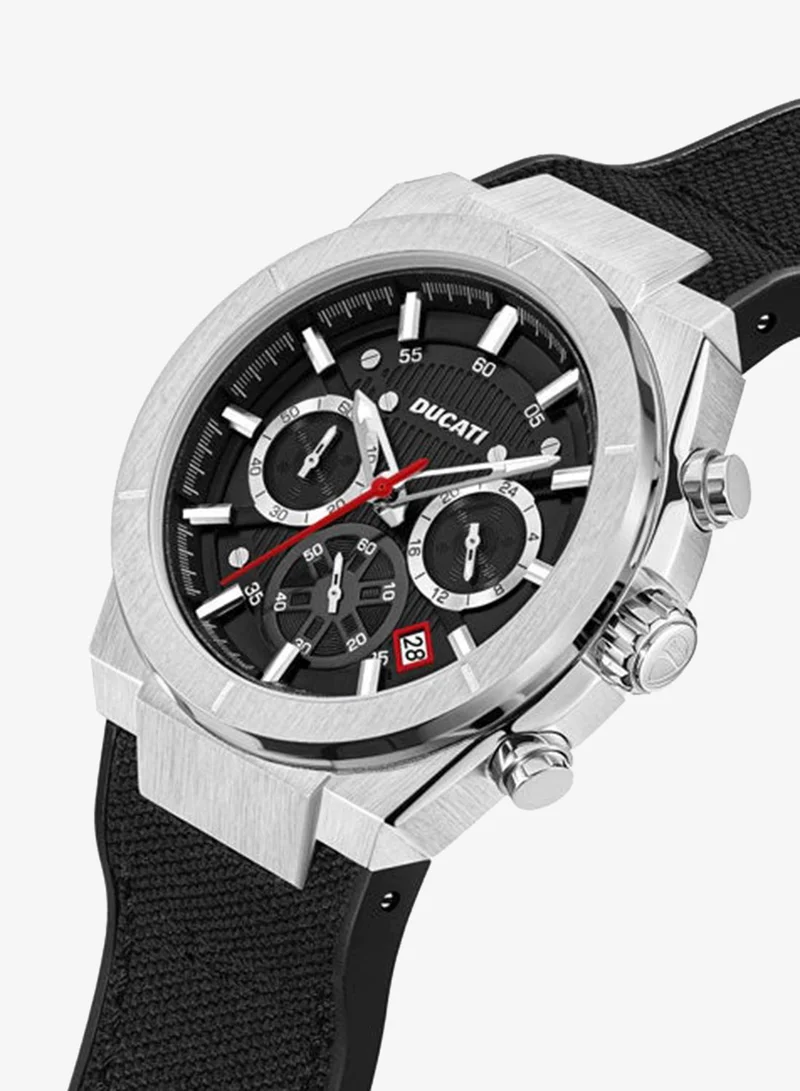 Ducati DT004 Men's 43.5mm Chronograph Watch with Silver Accents, Black Textured Dial & Genuine Leather Strap